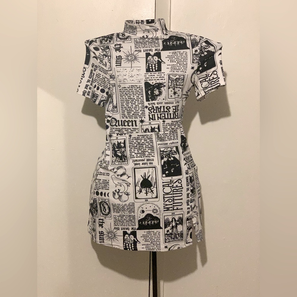 Newspaper Short Dress w/ Side Slit